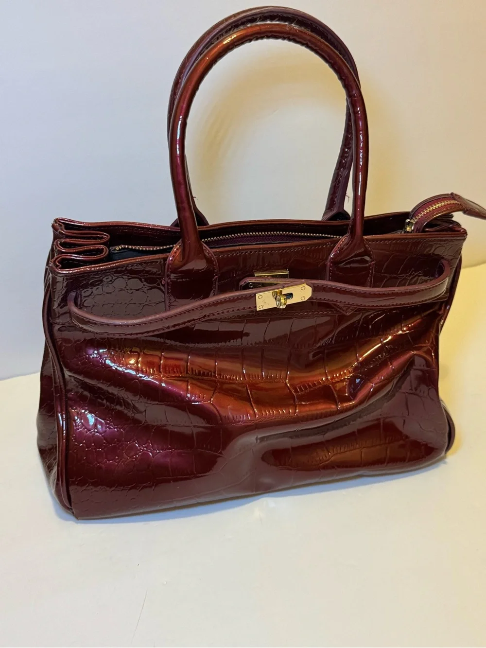 Women's Patent Croc Satchel Handbag in Deep Burgundy